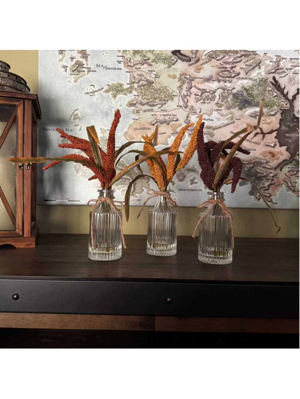 Kirkland’s Set of 3 Ribbed Glass Bottle Vases with Fall Millet Stems